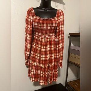 Love, fire women’s long sleeve mini dress. Orange plaid. Size L